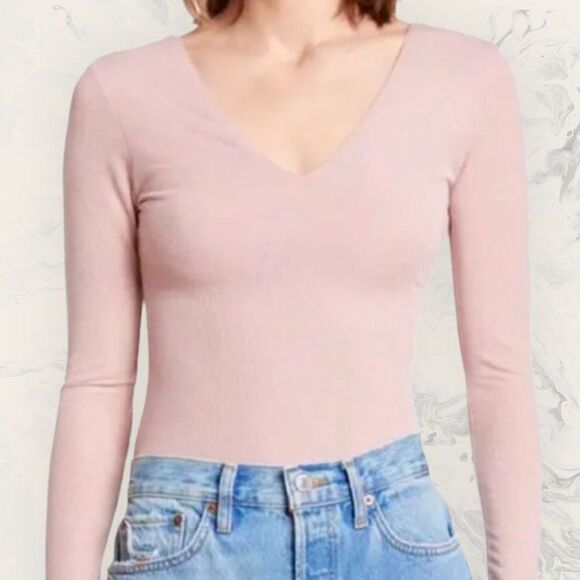 New Abound Metallic Knit Double V Neck Long Sleeve Bodysuit Rose Gold Pink - Siz - Picture 1 of 5